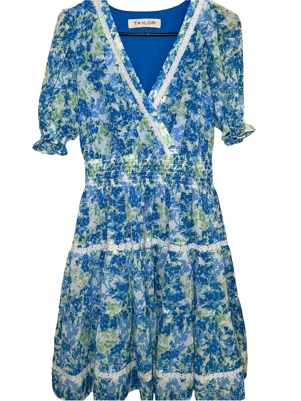 TAYLOR Vibrant Blue Floral Print Tiered Smocked Lace Trim V-Neck Babydoll Dress  - Picture 2 of 12